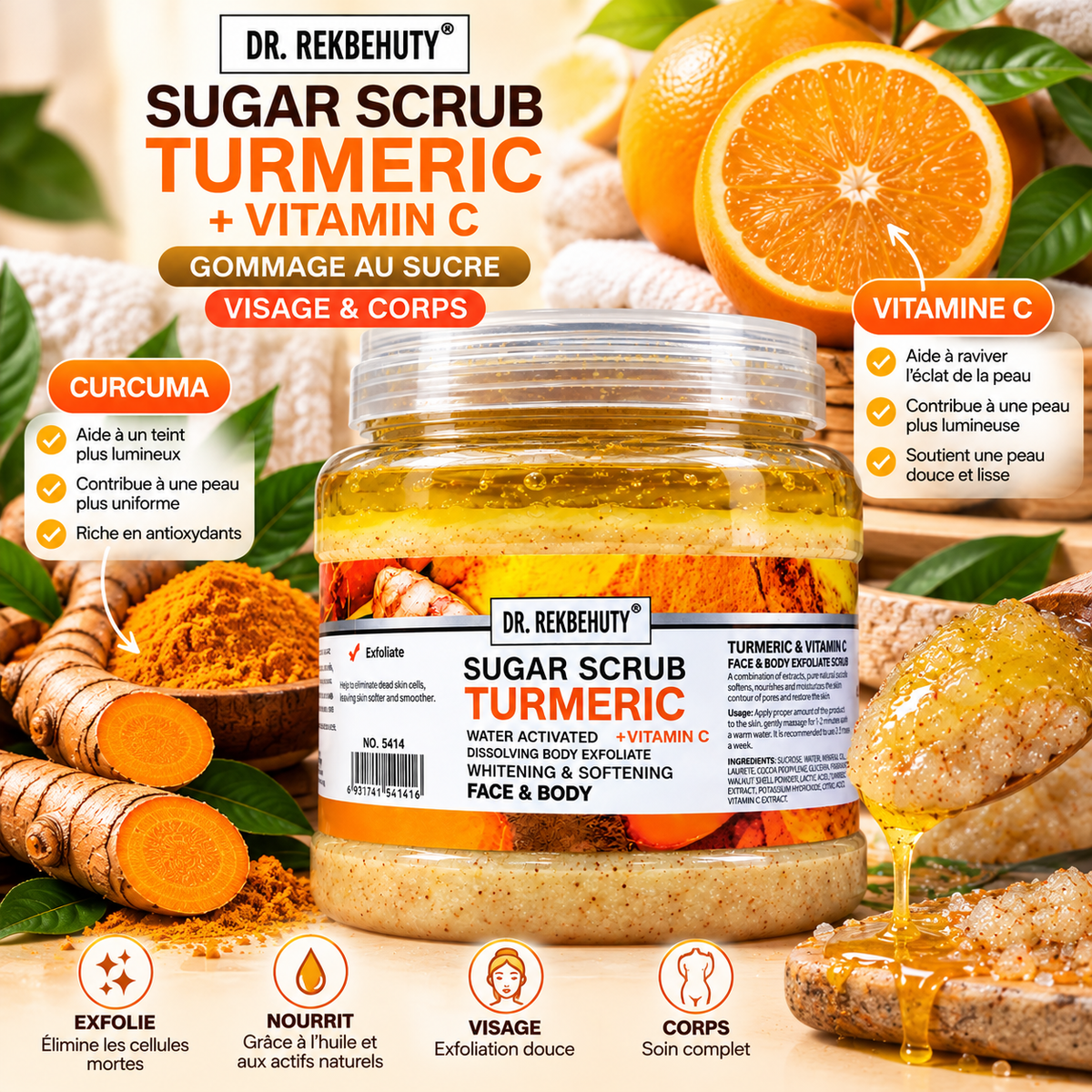 DR. REKBEHUTY Gommage au Sucre Curcuma & Vitamine C – Visage & Corps