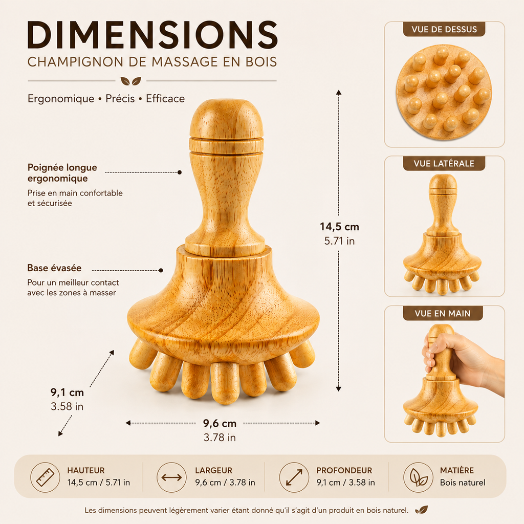 Champignon de Massage en Bois à Manche Long &amp; Picots Arrondis – Madérothérapie Corps