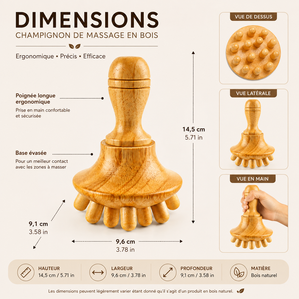 Champignon de Massage en Bois à Manche Long &amp; Picots Arrondis – Madérothérapie Corps