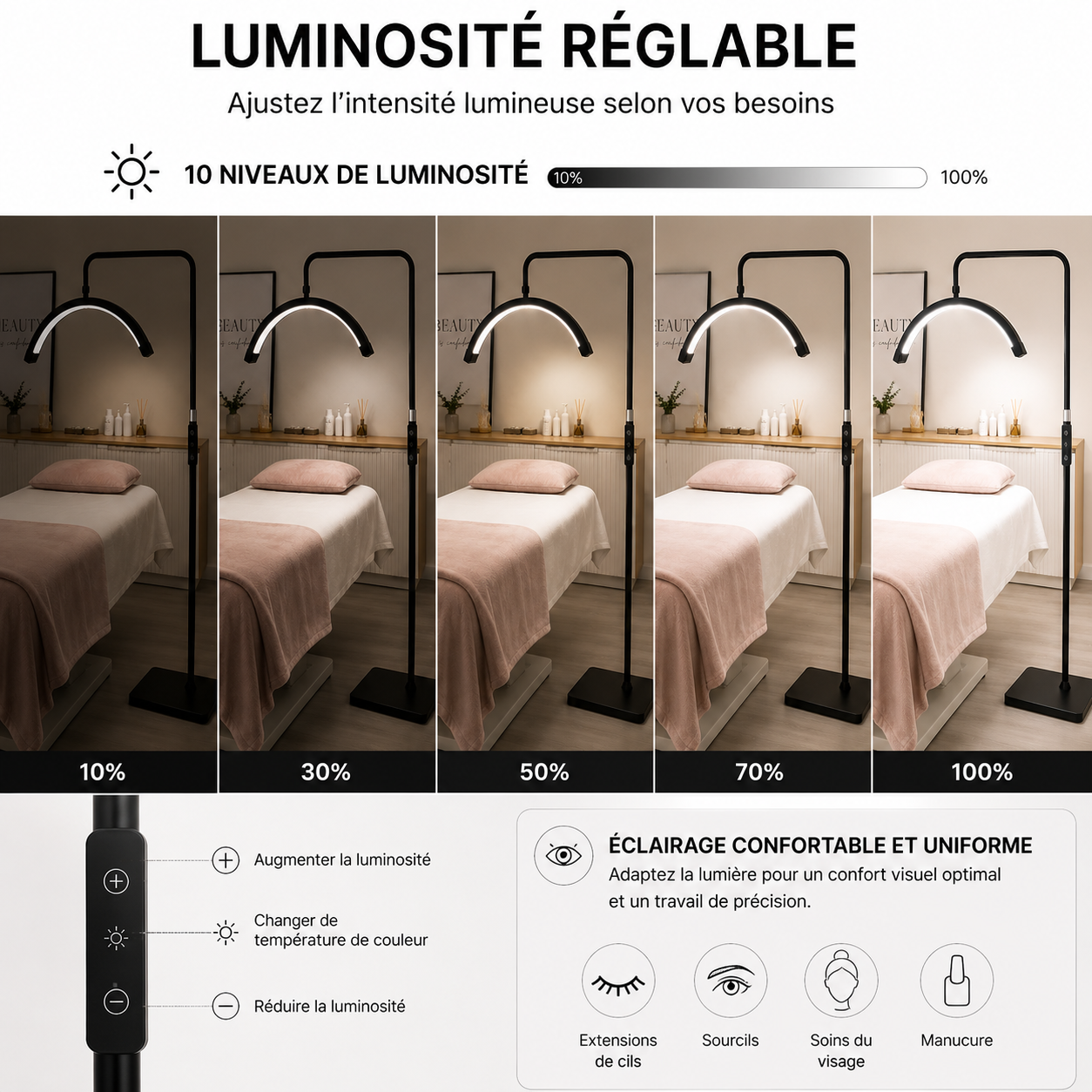 Lampe LED Demi-Lune sur Pied pour Esthéticienne – Éclairage Réglable Professionnel Lash & Beauté