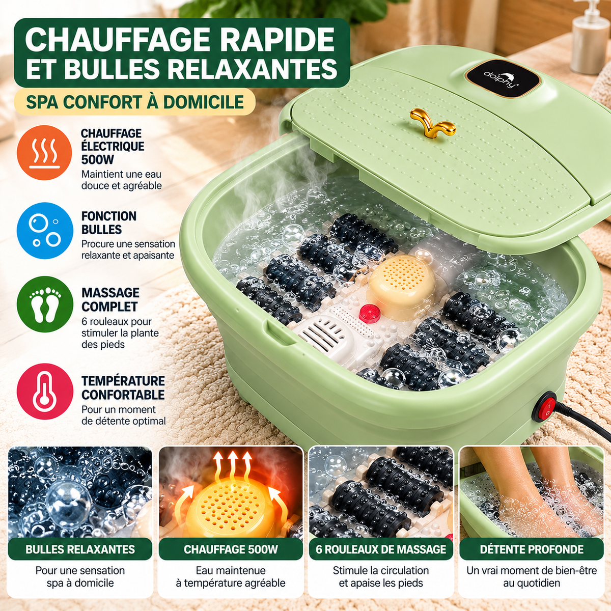 Bain de Pieds Électrique Pliable 10L – Spa Chauffant 500W avec Bulles et Rouleaux de Massage – Vert Sauge