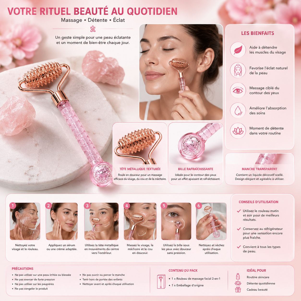 Rouleau de Massage Facial 2-en-1 avec Bille Rafraîchissante pour le Contour des Yeux