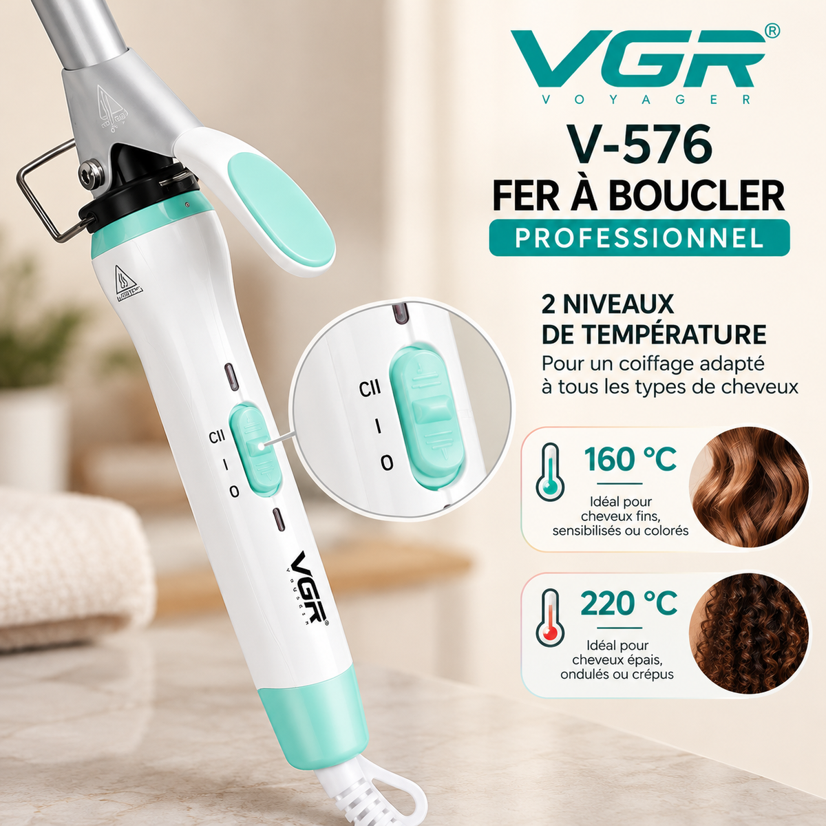 VGR V-576 – Fer À Boucler Professionnel Céramique 10 mm, Boucles Serrées Et Définies, Chauffe Rapide PTC, 2 Températures Jusqu'à 220 °C – Blanc