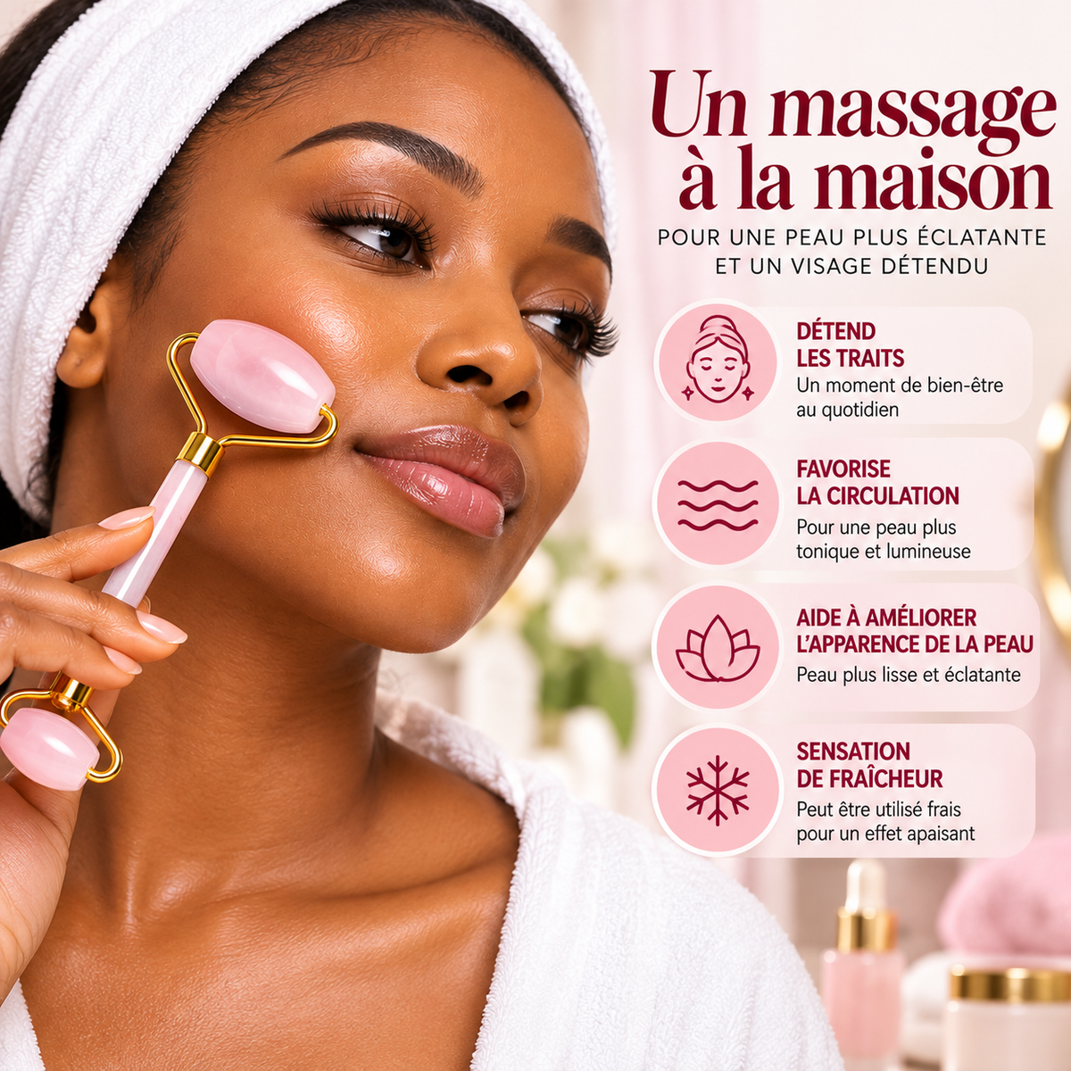 Roller Visage Double Embout en Quartz Rose – Rouleau de Massage Facial