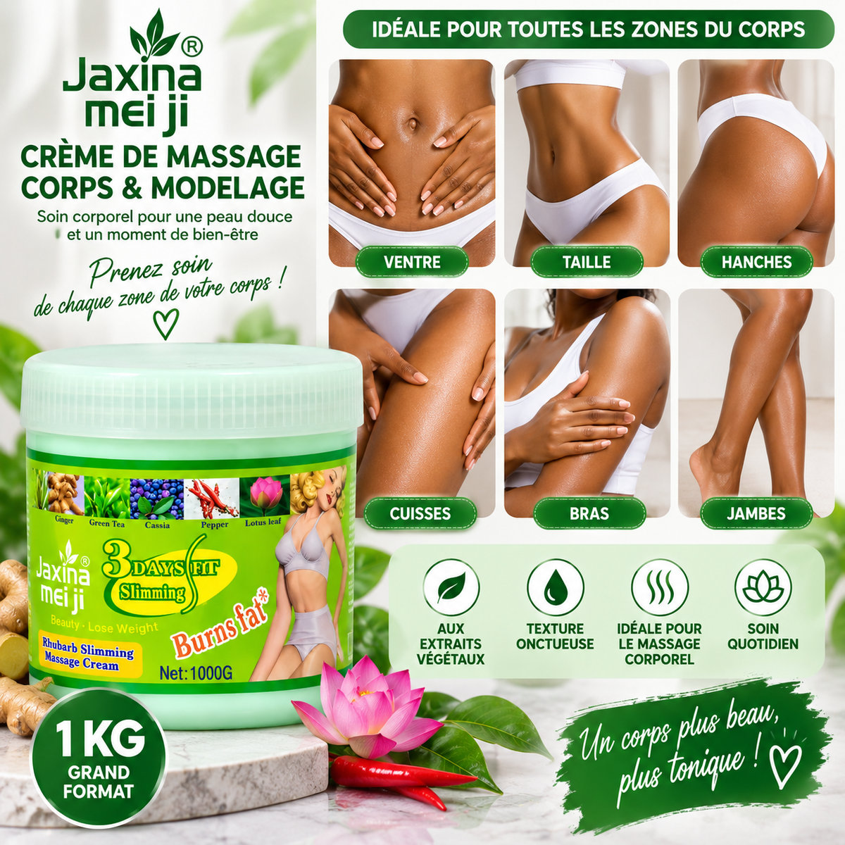 Jaxina Meiji Crème de Massage Corps & Modelage 1 kg – Grand Format Professionnel