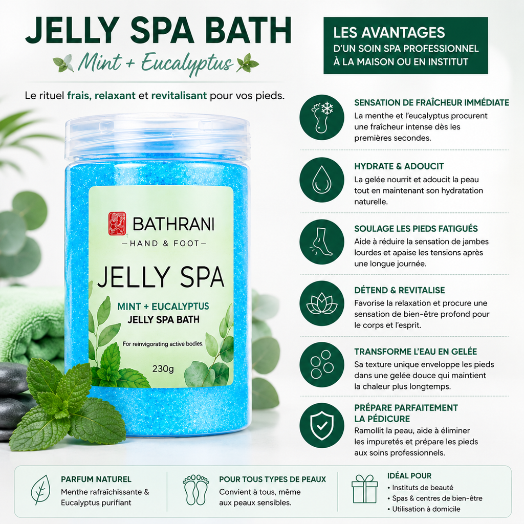 Bathrani Jelly Spa Bath – Mint + Eucalyptus | Bain de Pieds En Gelée Rafraîchissant 230 g