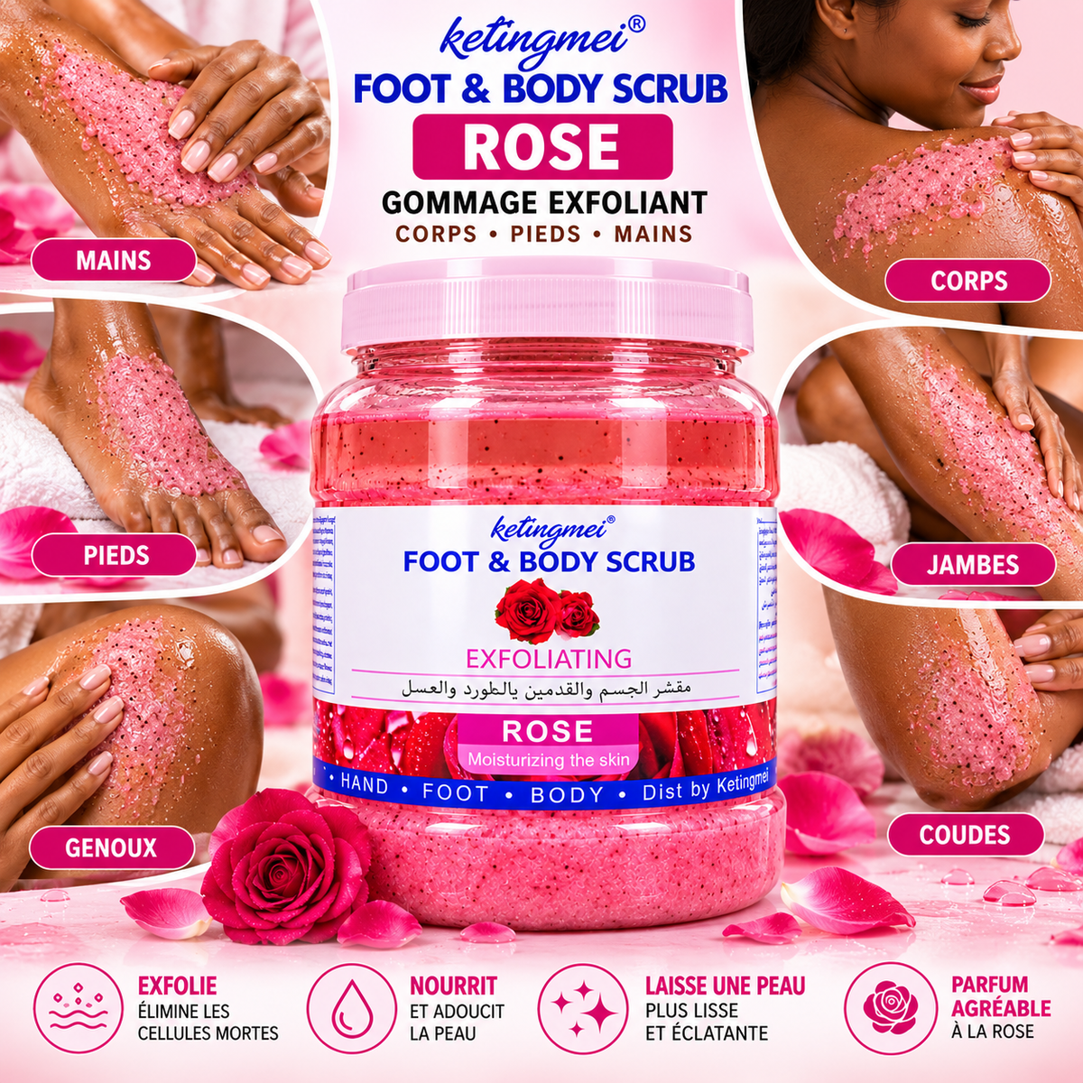 Ketingmei Foot & Body Scrub Rose – Gommage Exfoliant Corps, Pieds & Mains