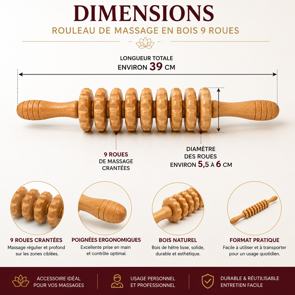 Rouleau de Massage en Bois 9 Roues – Madérothérapie Corps