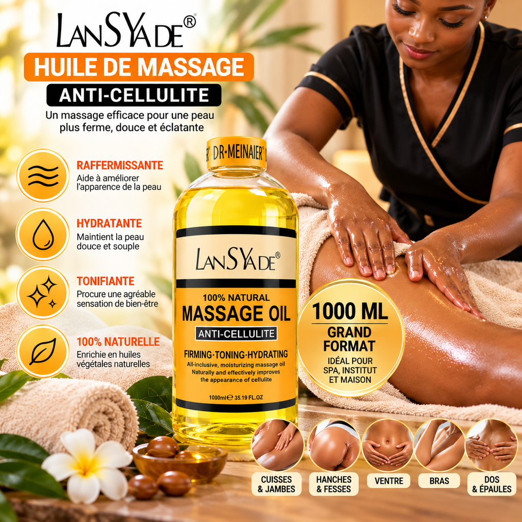 LANSYADE Huile de Massage Corps Anti-Cellulite 1000 ml – Raffermissante & Hydratante