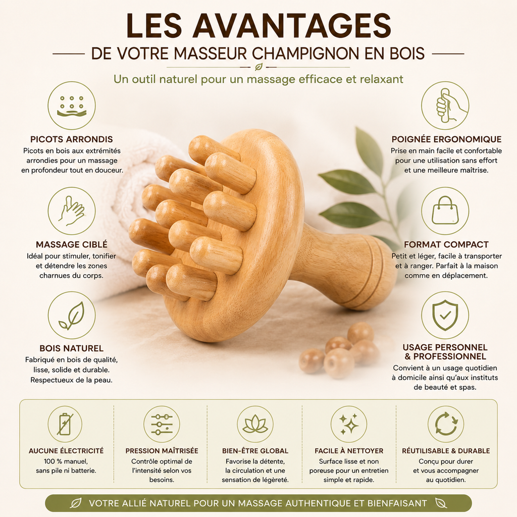 Masseur Champignon en Bois à Picots – Madérothérapie Corps, Dos, Nuque & Jambes