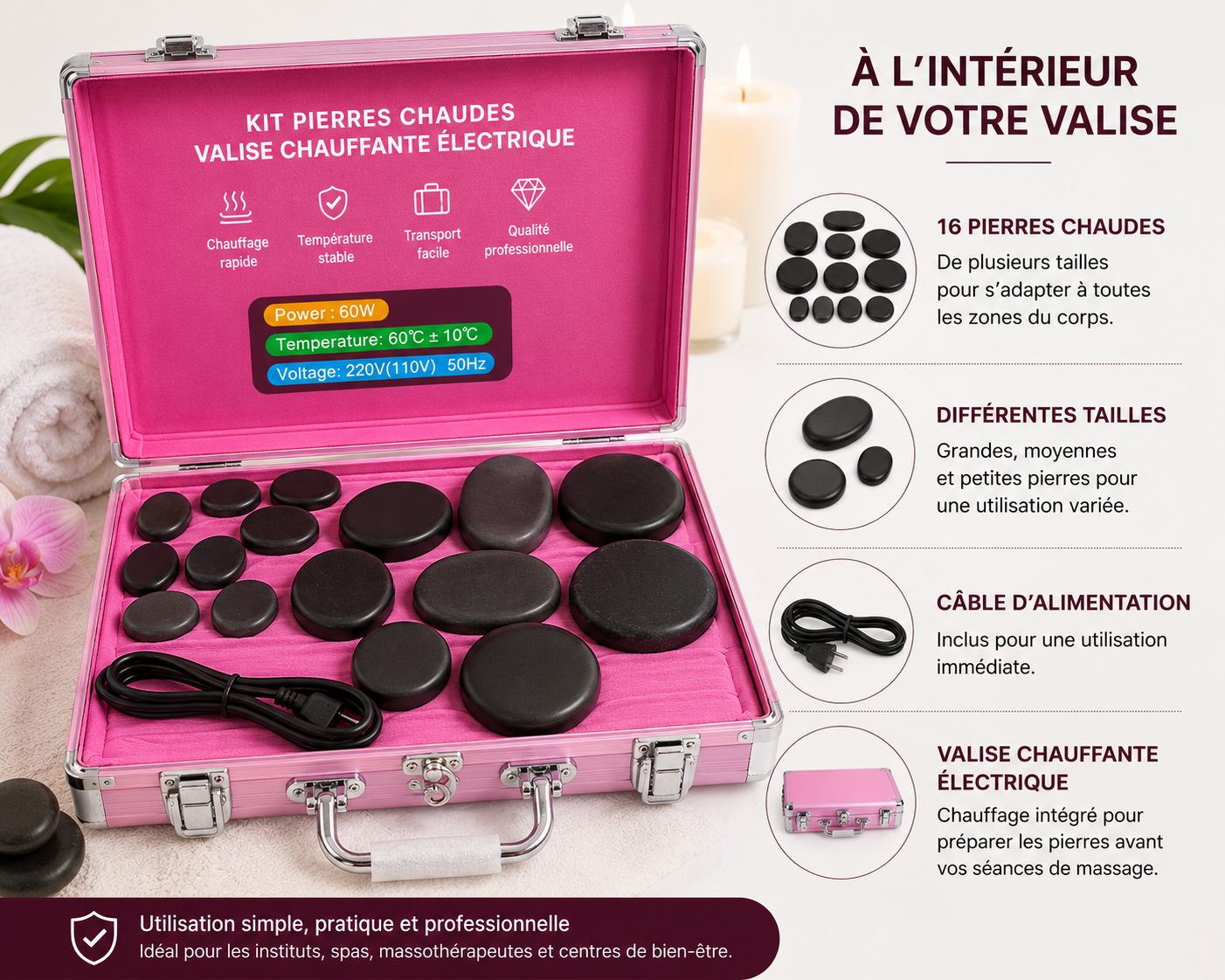 Kit de 16 Pierres Chaudes avec Valise Chauffante Électrique – Massage Spa