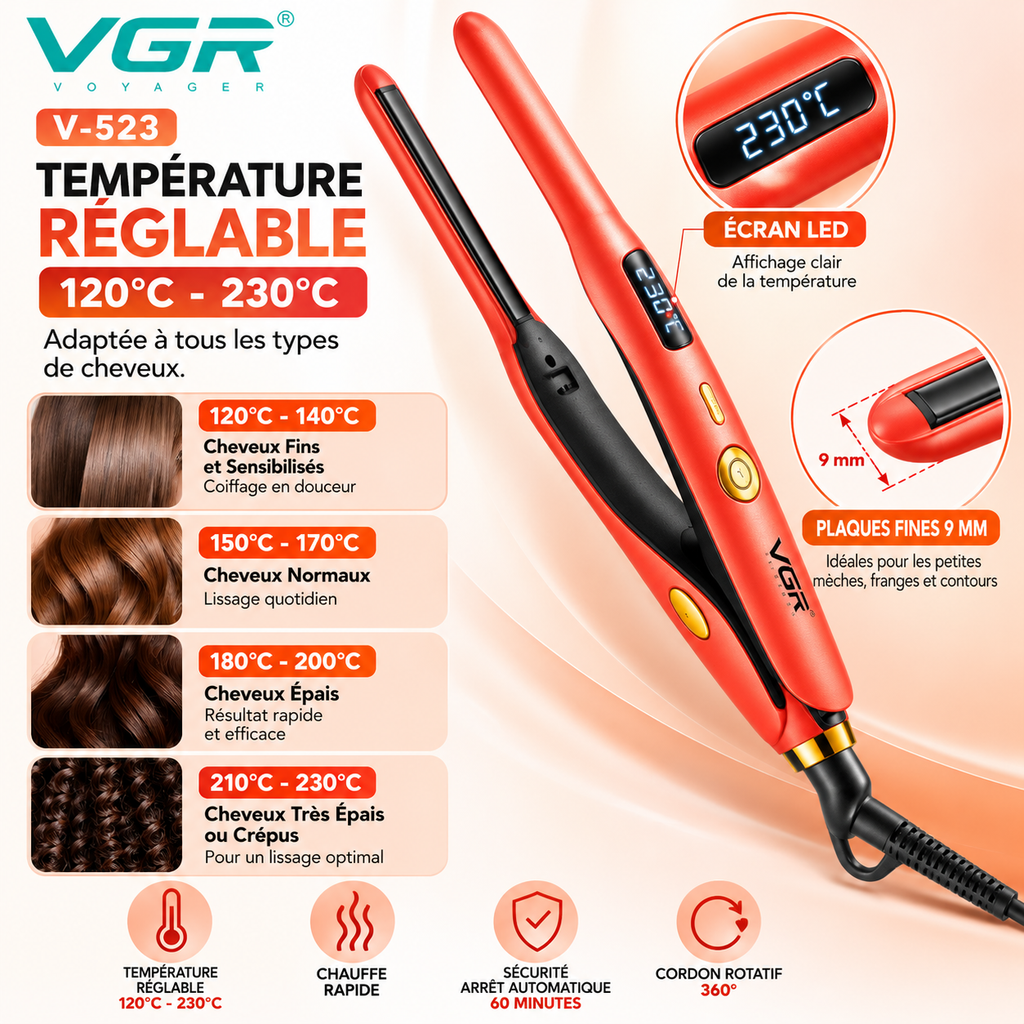 VGR V-523 – Lisseur Professionnel Céramique à Plaques Fines 9 mm, Température Réglable 120–230 °C, Écran LED – Rose Gold