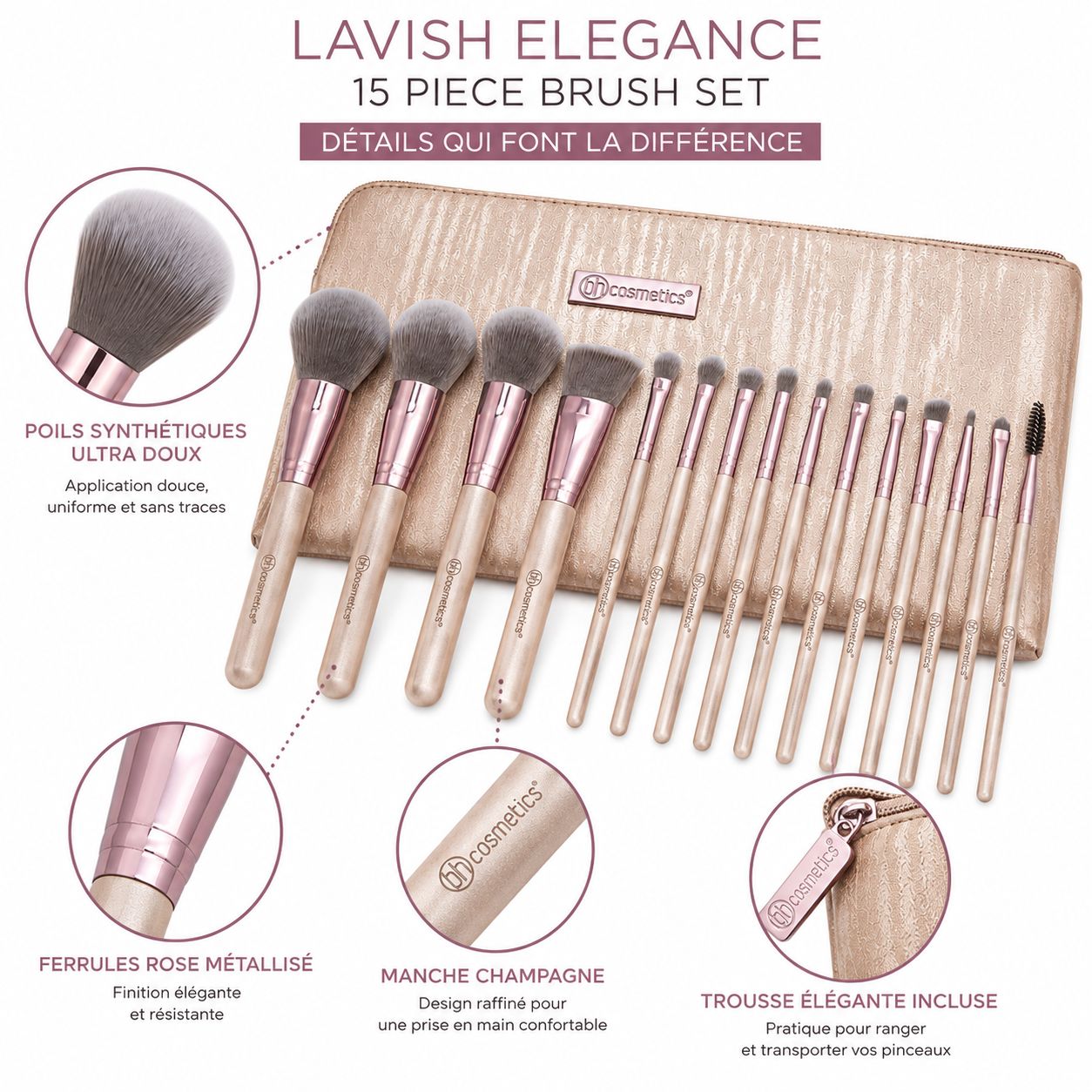 BH Cosmetics Lavish Elegance – Set de 15 Pinceaux Maquillage avec Trousse