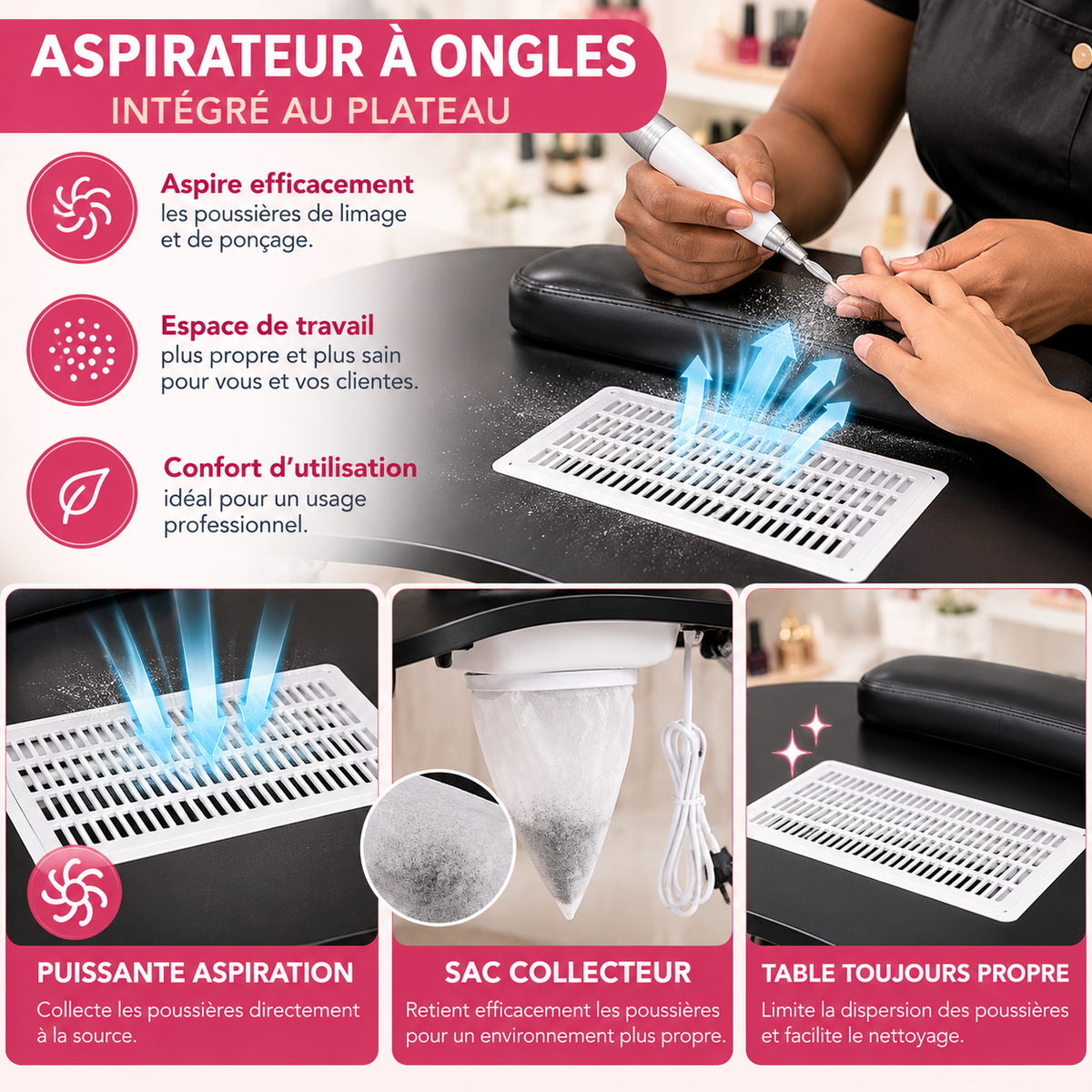 Table De Manucure Professionnelle Pliante Avec Aspirateur À Ongles Intégré, Repose-Mains, Roulettes Et Sac De Transport