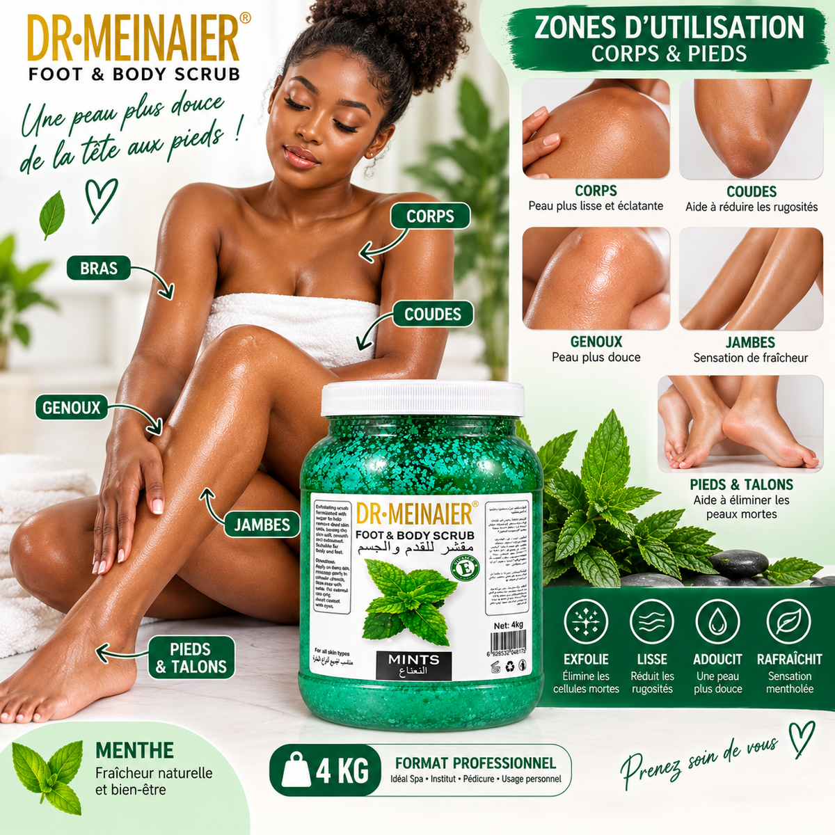 DR.MEINAIER Gommage Corps & Pieds au Sucre Menthe 4 kg – Foot & Body Scrub Professionnel