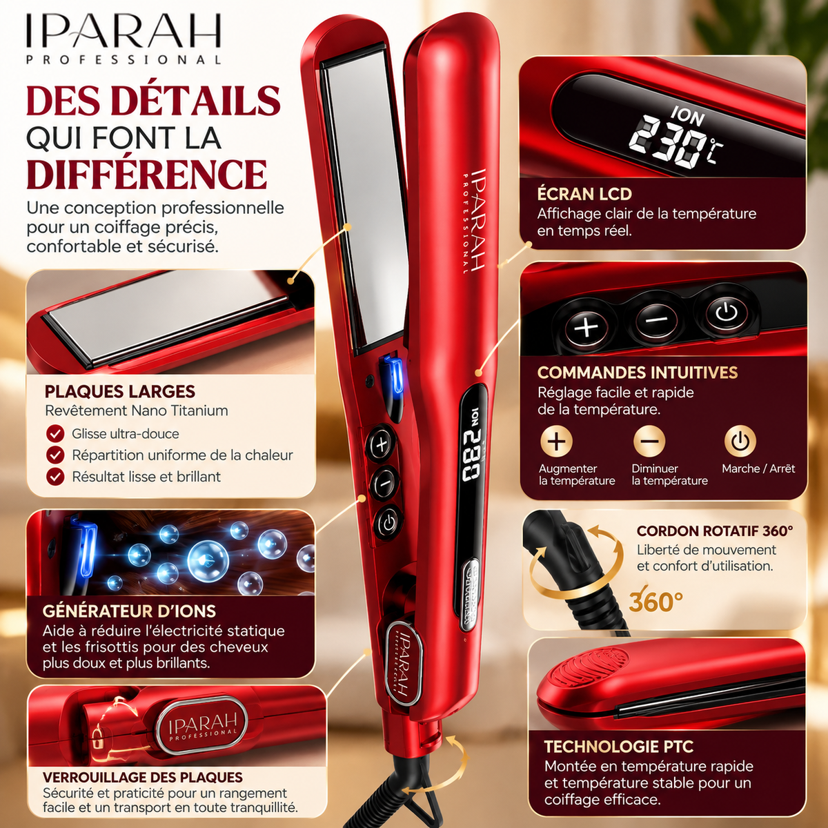 IPARAH Nano Titanium P-108 – Lisseur Professionnel à Plaques Larges 43 mm avec Écran Digital – Rouge