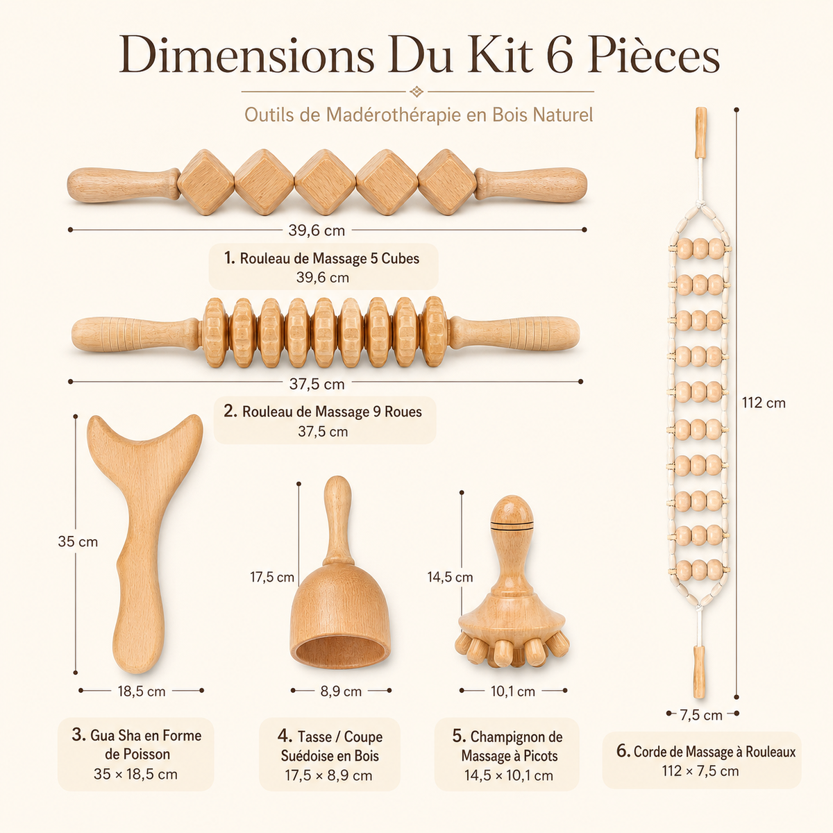 Kit Professionnel de Madérothérapie en Bois de Hêtre – 6 Pièces pour Massage & Modelage Corporel