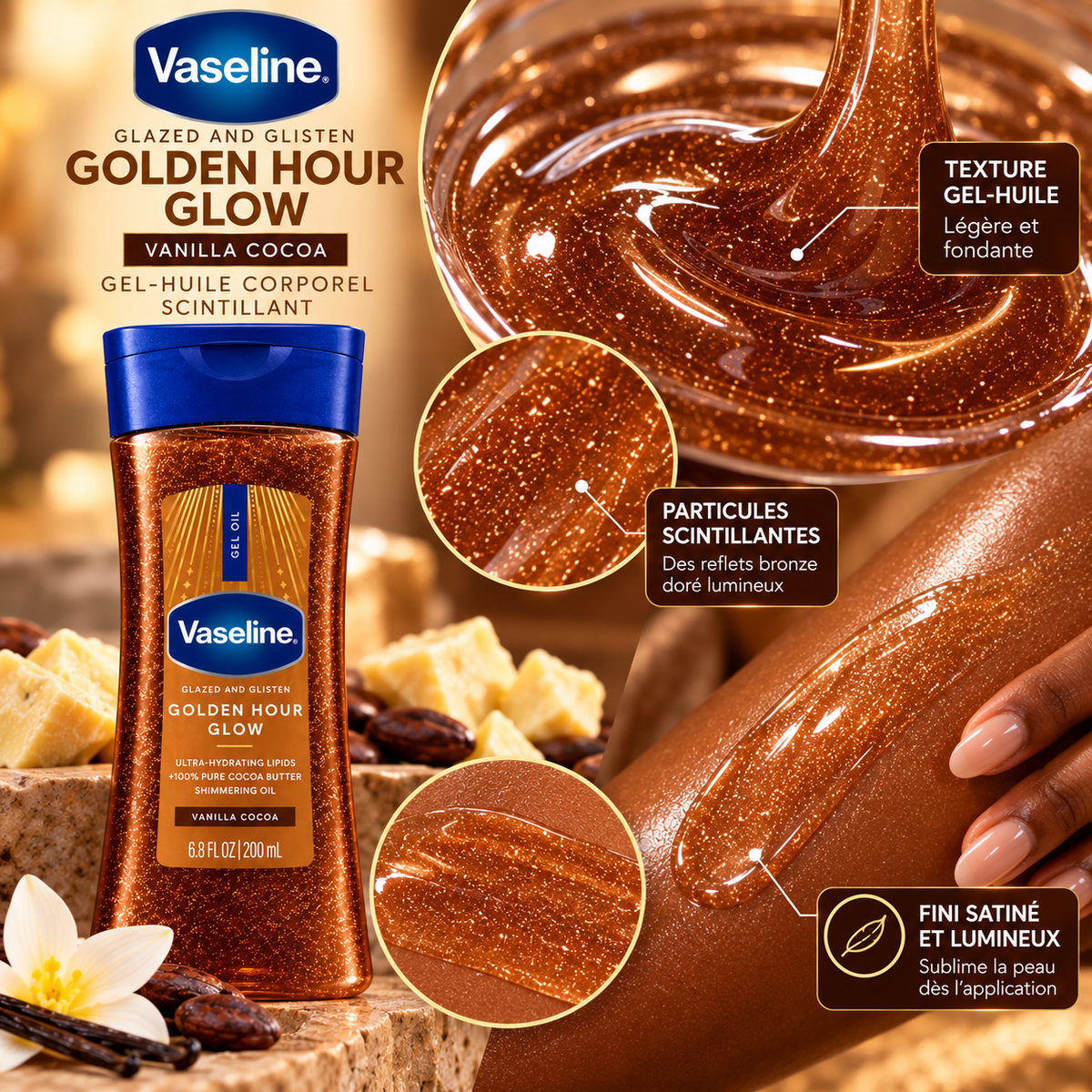 Vaseline Glazed & Glisten Golden Hour Glow – Gel-Huile Corporel Scintillant au Beurre de Cacao – Vanilla Cocoa – 200 ml