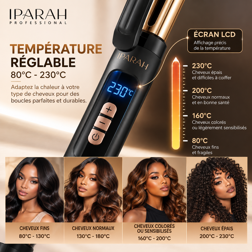 IPARAH P-210B – Fer à Boucler Professionnel 25 mm Ionique – Revêtement Céramique, Double Chauffe PTC, 65 W, Température Réglable 80–230 °C – Noir & Or