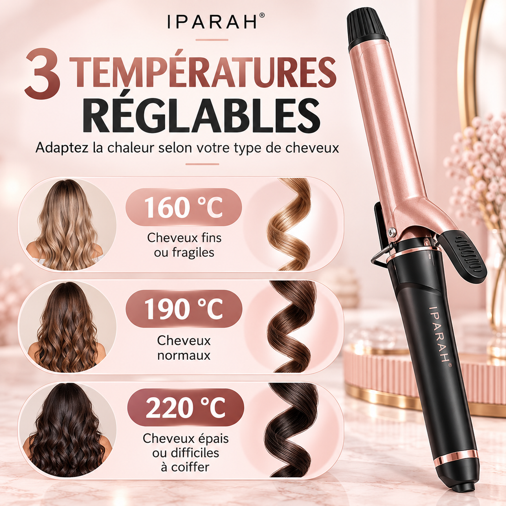 IPARAH P-201 – Fer à Boucler Professionnel Ionique 25 mm – Boucleur en Céramique, Chauffe Rapide PTC, 3 Températures Réglables – Rose Gold & Noir
