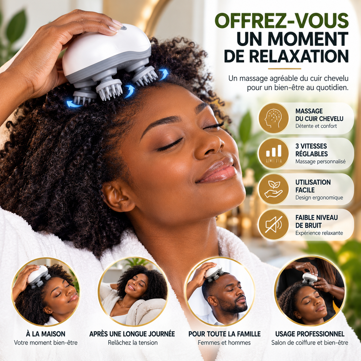 Masseur Électrique du Cuir Chevelu OSK-701 – 4 Têtes de Massage, 3 Vitesses Réglables – 5W – Blanc