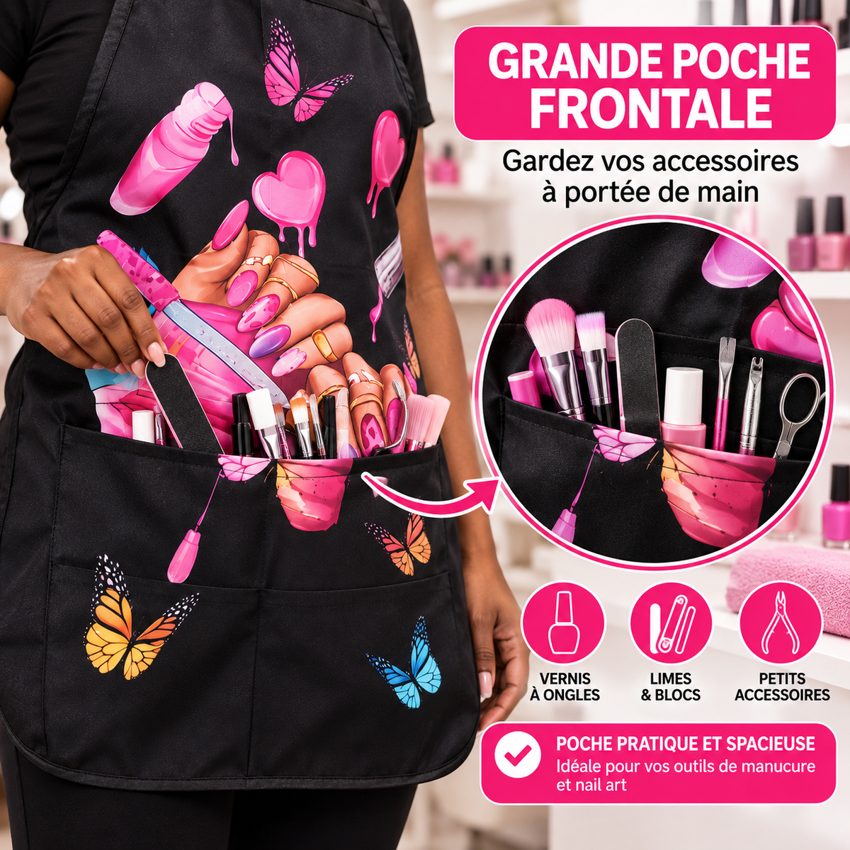Tablier Prothésiste Ongulaire Noir avec Poche – Manucure, Pédicure &amp; Nail Art
