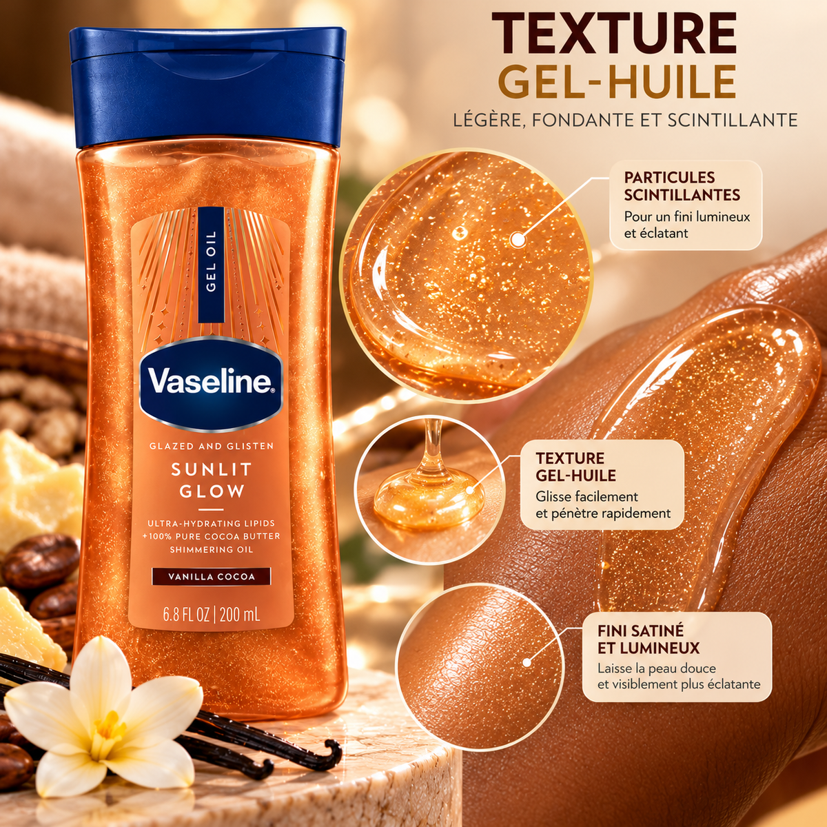 Vaseline Glazed & Glisten Sunlit Glow – Gel-Huile Corporel Hydratant au Beurre de Cacao – Vanilla Cocoa – 200 ml
