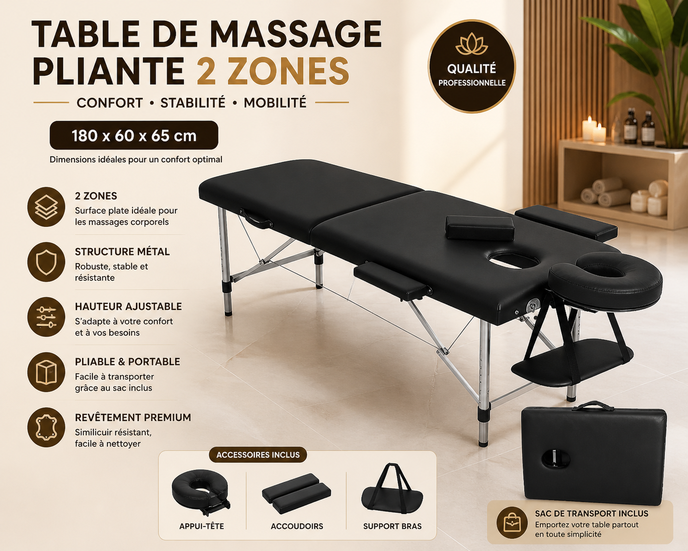 Table de Massage Pliante Professionnelle 2 Zones  – Structure Métal, Portable & Réglable - Avec Sac (Noir)