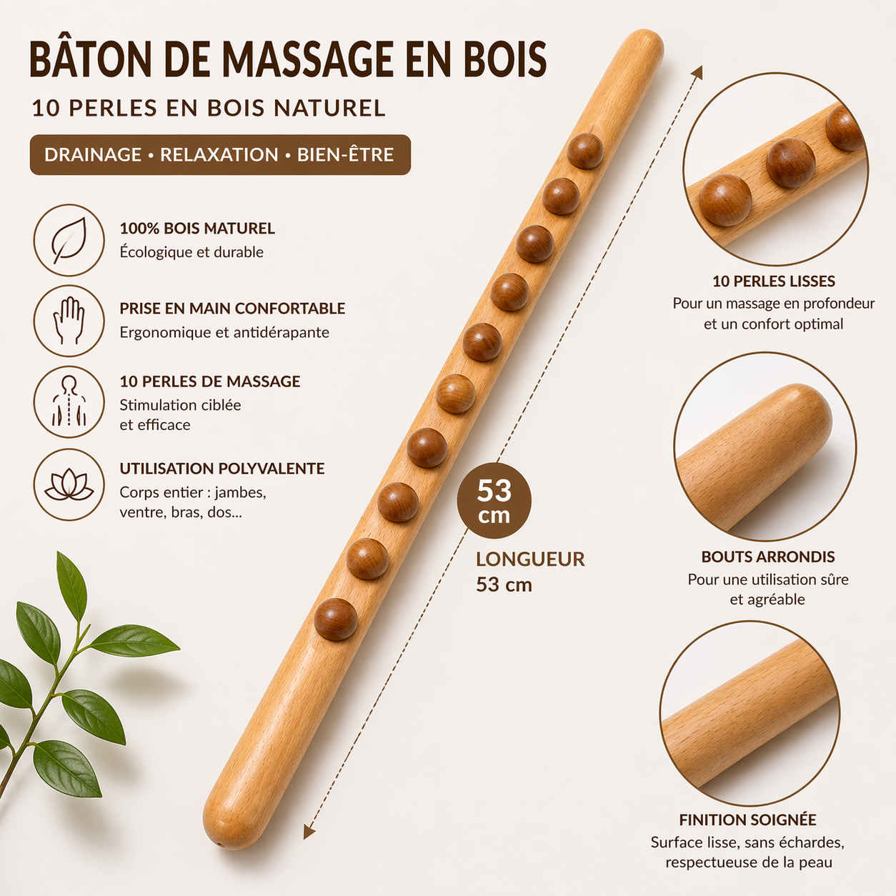 Bâton de Massage en Bois Thérapie – Rouleau Manuel Drainage Lymphatique & Anti-Tensions – Outil Maderothérapie Corps