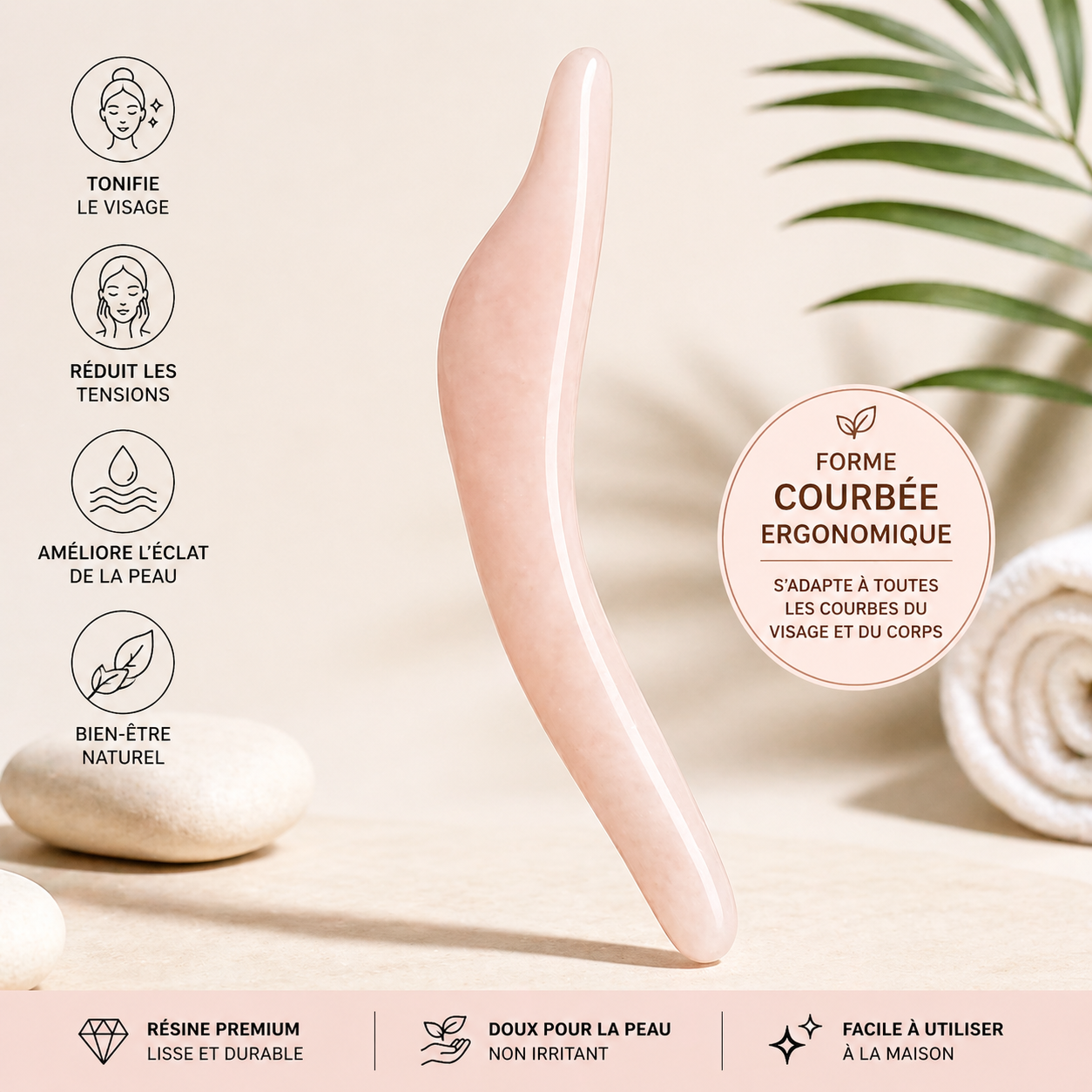 Gua Sha Courbé Ergonomique – Outil de Massage Visage & Corps en Résine Naturelle | Relaxation & Éclat de la Peau