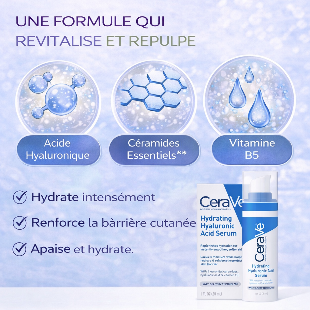CeraVe Sérum Hydratant Acide Hyaluronique – Hydrate & Repulpe – Peaux Normales à Sèches 30ml