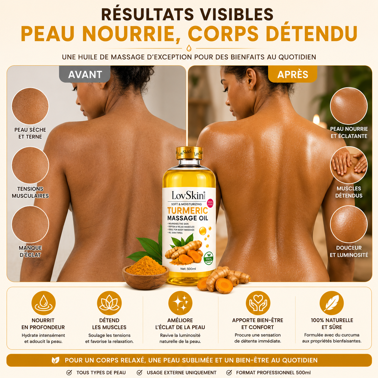 Huile De Massage Curcuma (Turmeric Massage Oil) LovSkin – 500 ml