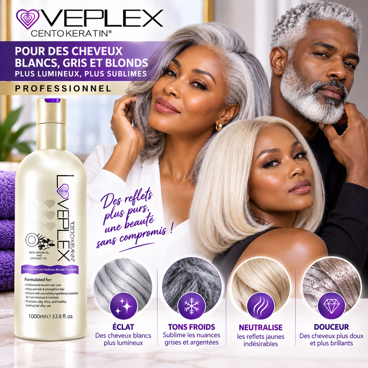 VEPLEX Pro Keratin – Shampooing Violet Déjaunisseur Professionnel – 1000 ml