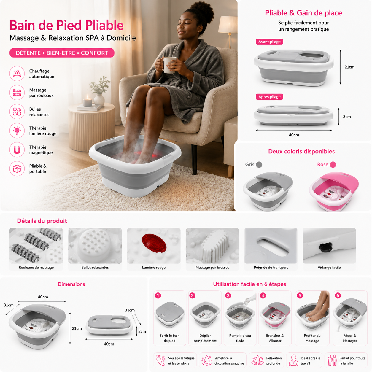 Bain de Pied Pliable Multifonction Chauffant – Massage & Relaxation SPA à Domicile (Rose / Gris)