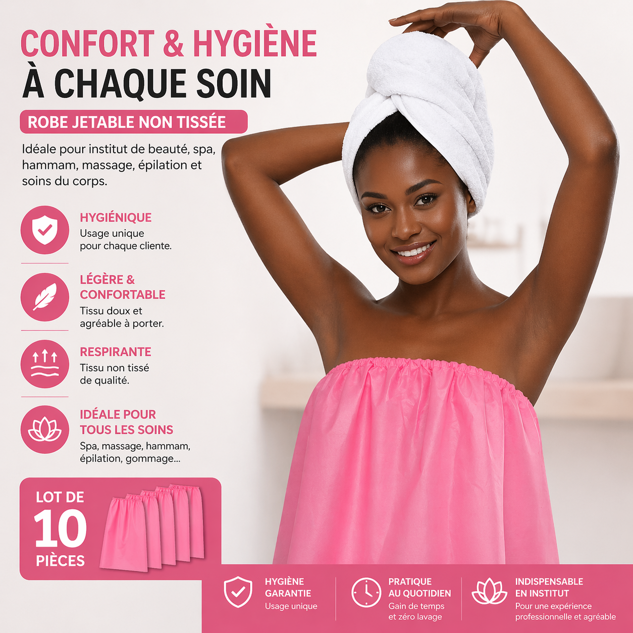 Lot de 10 Robes Jetables Femme Non Tissées – Serviette SPA Usage Unique Élastique – Idéale Institut, Massage, Hammam (Lot Économique)