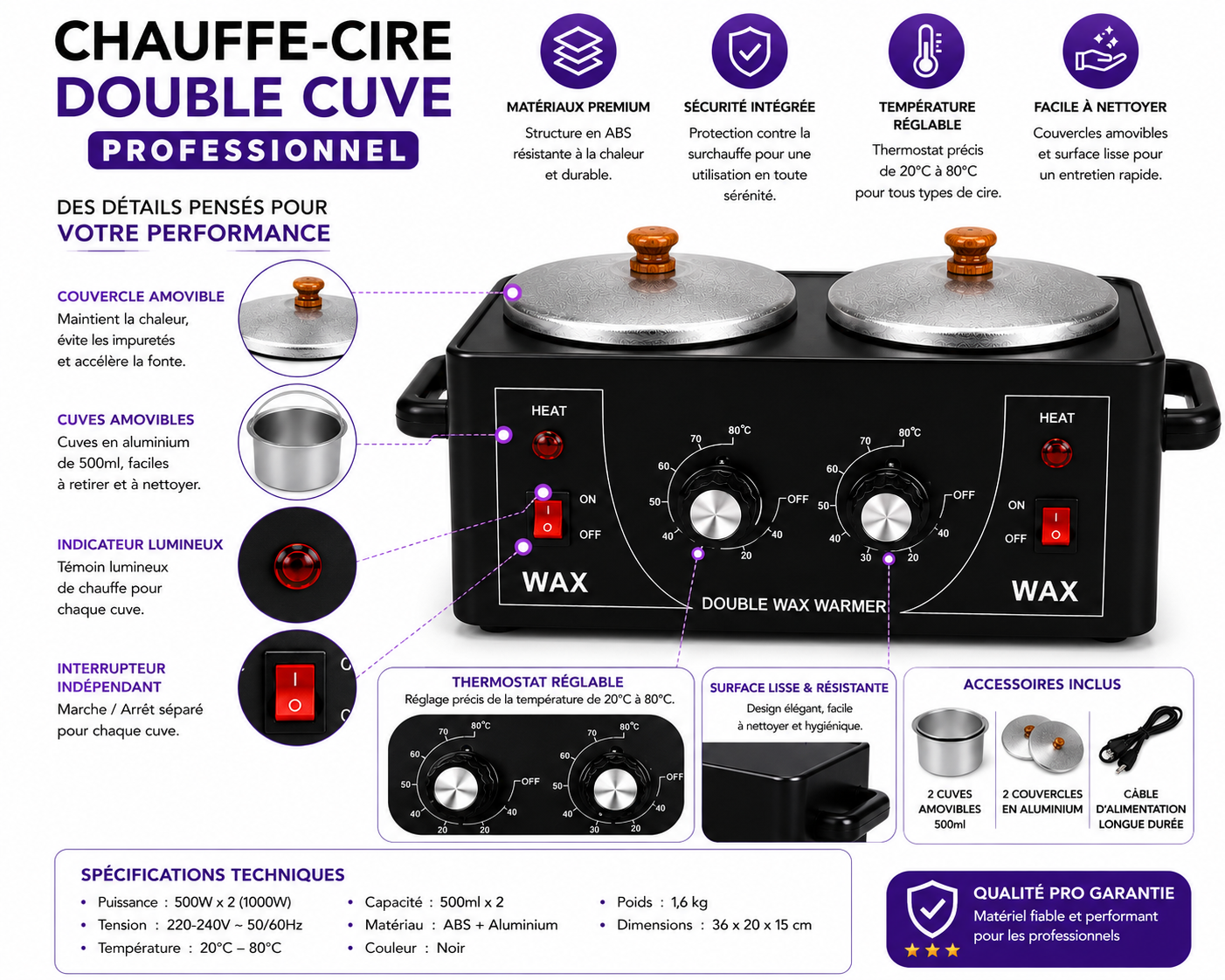 Chauffe-Cire Double Cuve Professionnel – Appareil Épilation 2 Bacs Réglables