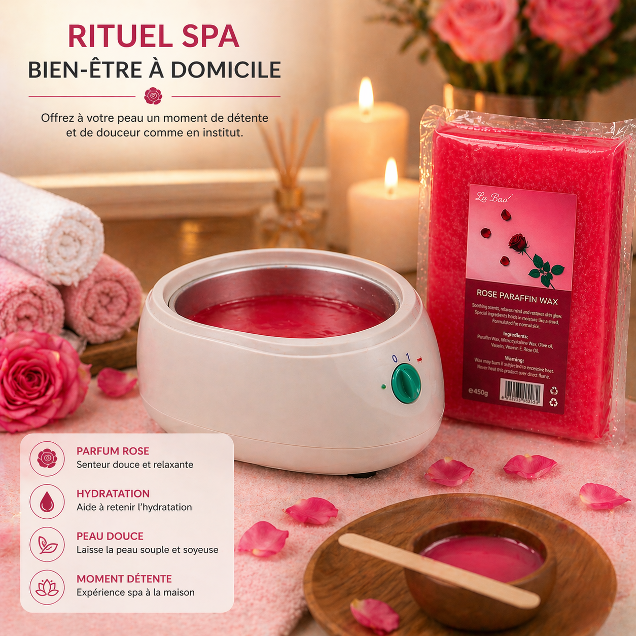 Paraffine WAX Cosmétique Rose 450g – Soin Hydratant Mains & Pieds Spa