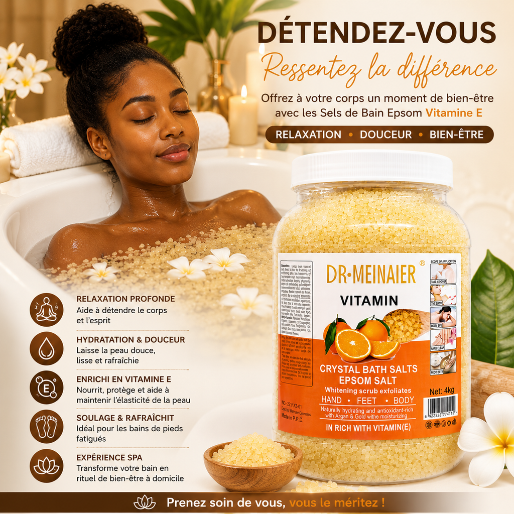 Sels De Bain Epsom Vitamine E 4KG – Bain Relaxant Corps, Mains & Pieds