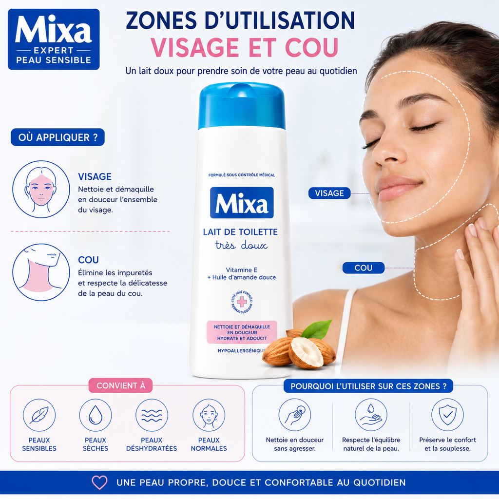 Mixa Lait De Toilette Très Doux 300ml – Nettoyant & Démaquillant Doux Pour Peaux Sensibles