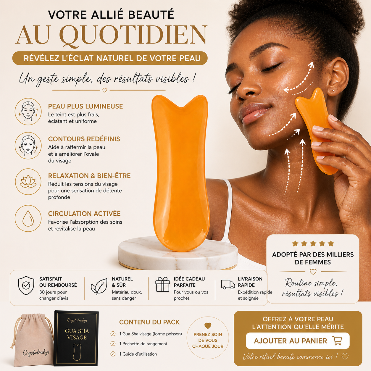 Gua Sha Visage Ergonomique Forme Poisson – Outil de Massage Facial Naturel | Éclat & Relaxation