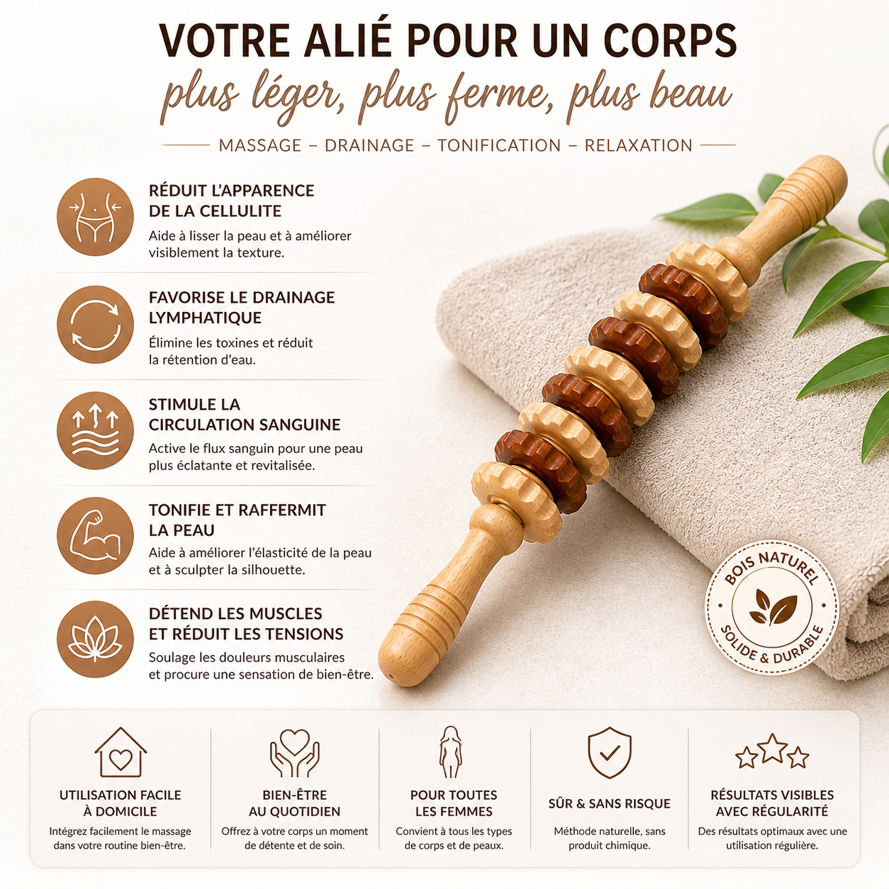 Rouleau de Massage Corporel en Bois Incurvé – 11 Roues Anti-Cellulite & Drainage