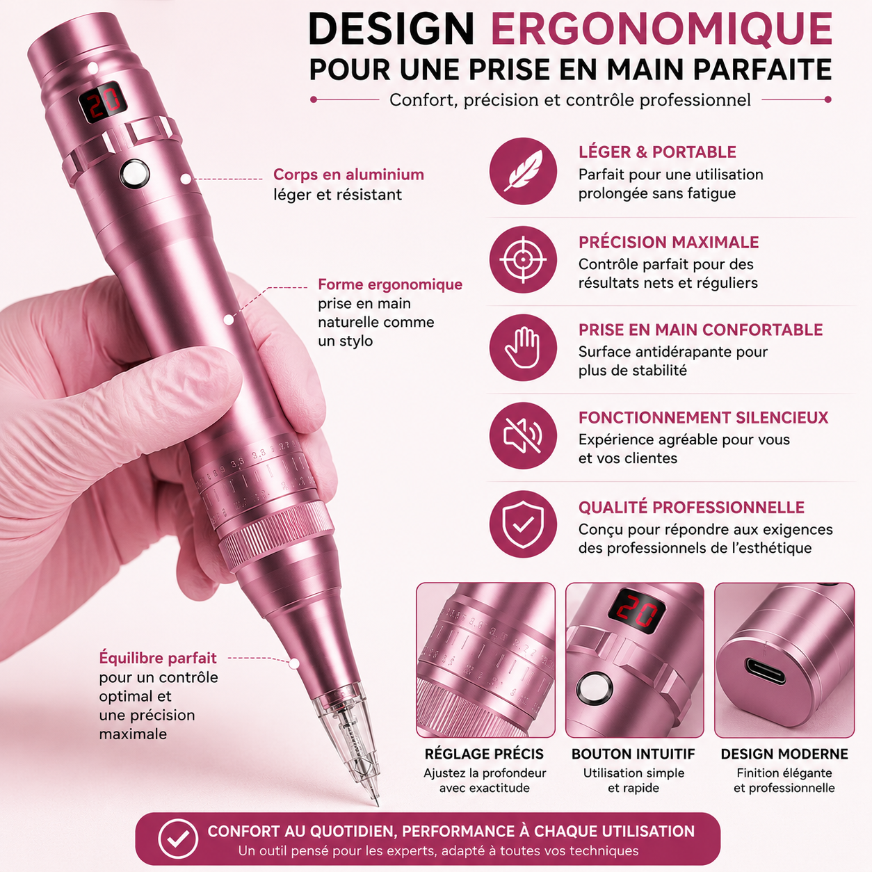 Stylo Dermographe PMU Professionnel Sans Fil Rechargeable – Microneedling, Sourcils, Lèvres & Maquillage Permanent