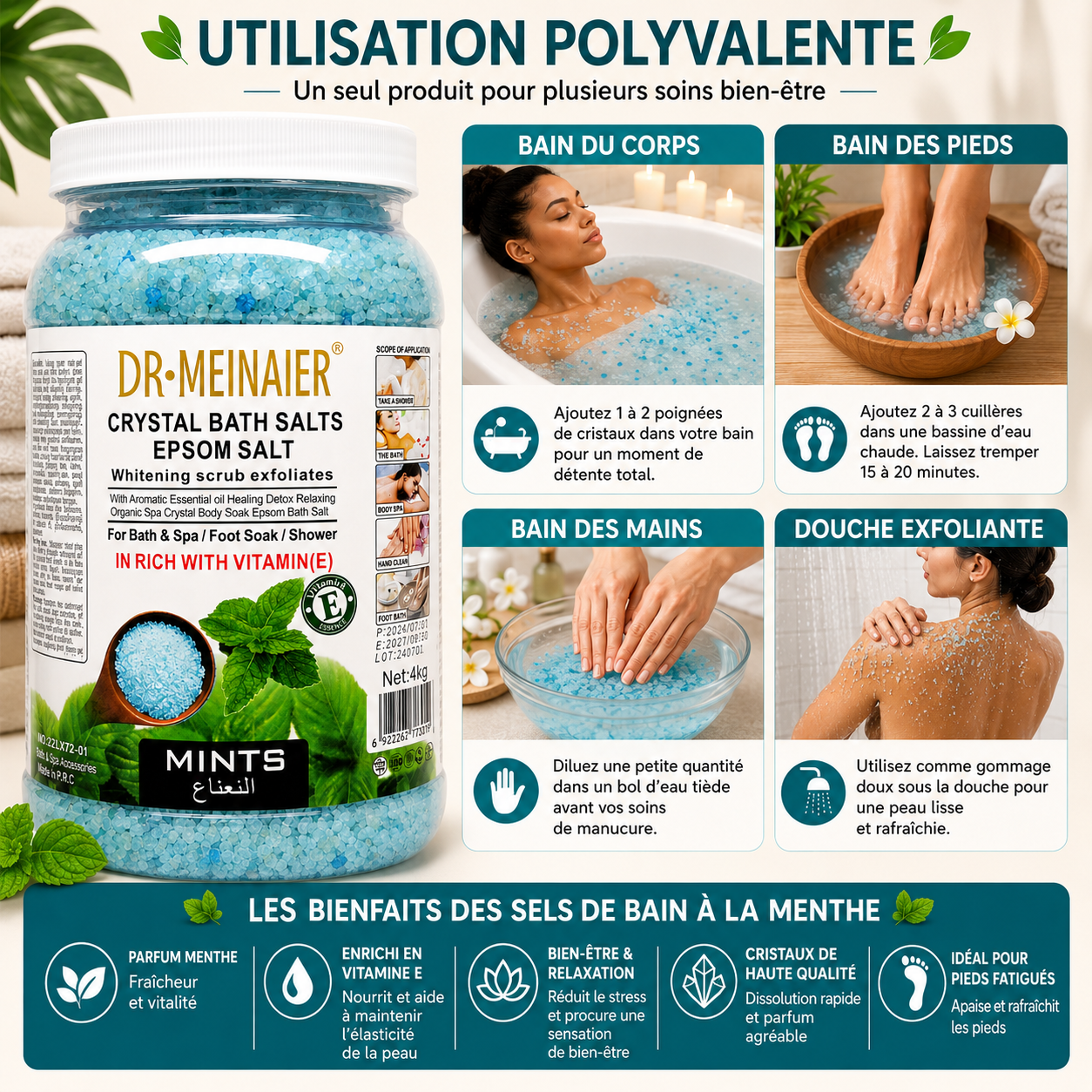 Sels De Bain Epsom Menthe 4KG – Bain Relaxant Rafraîchissant Corps, Mains & Pieds