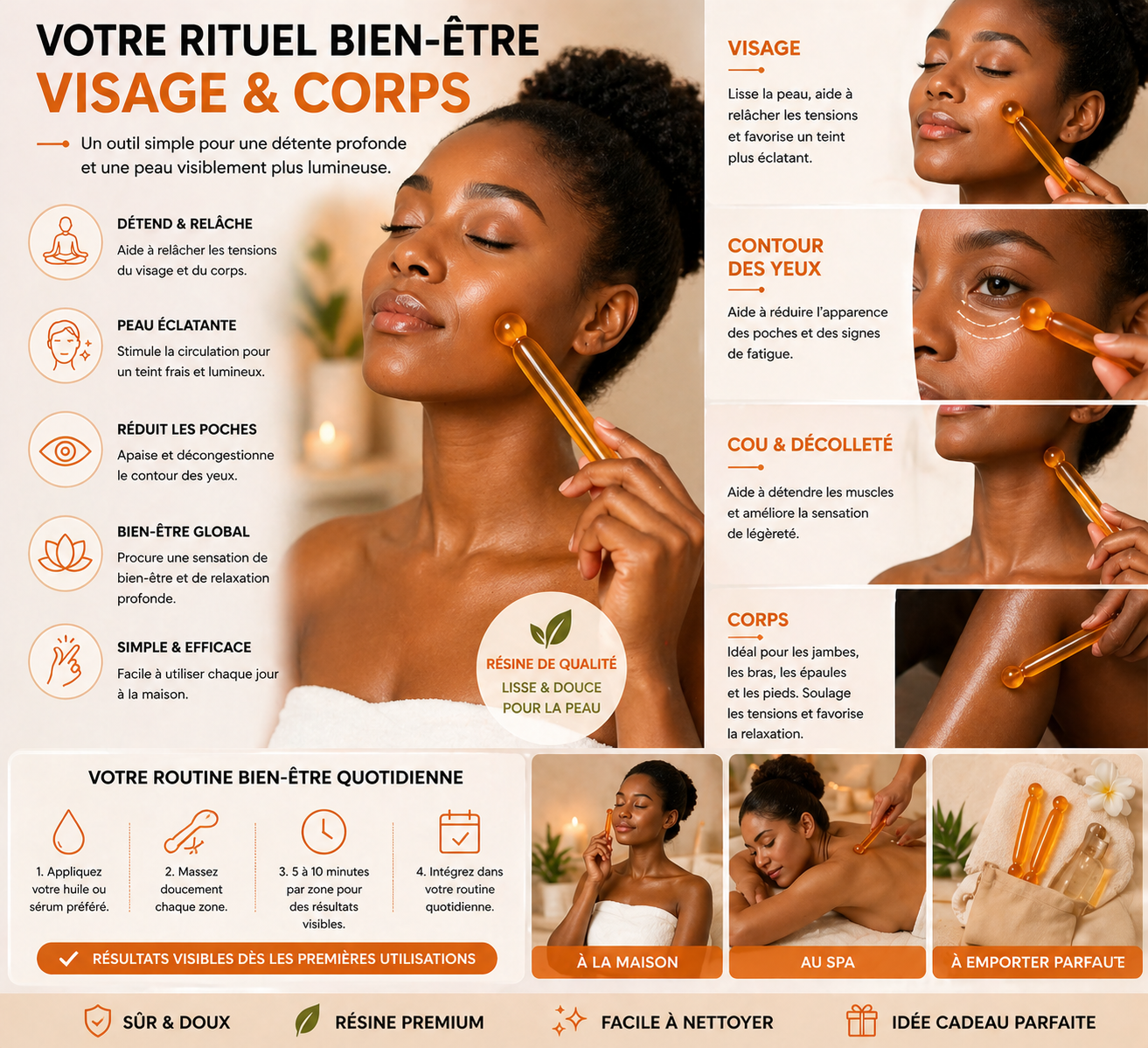 Bâton de Massage Gua Sha Réflexologie en Résine – Soin Visage, Yeux & Corps – Détente & Bien-Être Quotidien