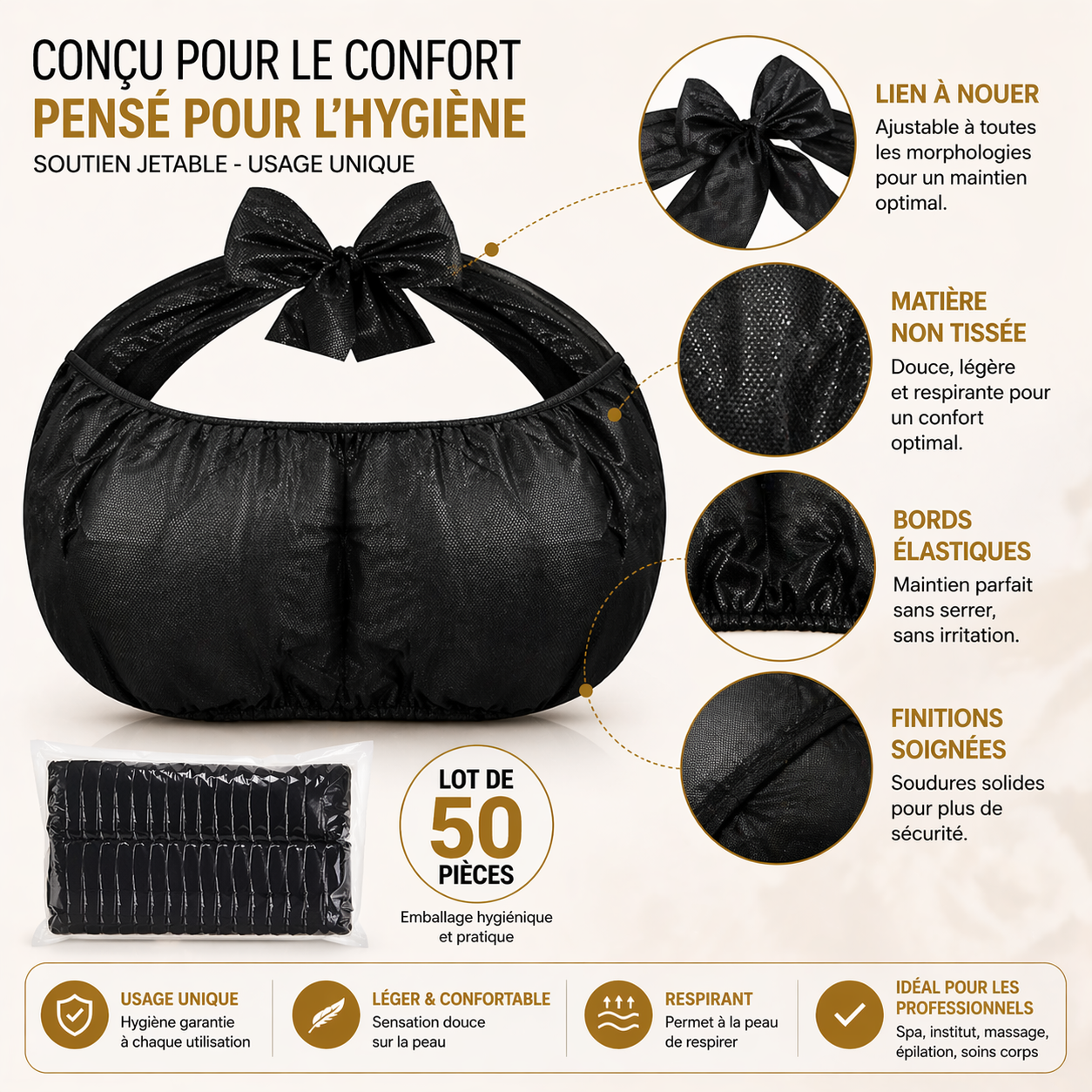 Lot de 50 Soutiens-Gorge Jetables Noir – Sous-vêtements SPA Hygiéniques pour Soins, Massage & Institut