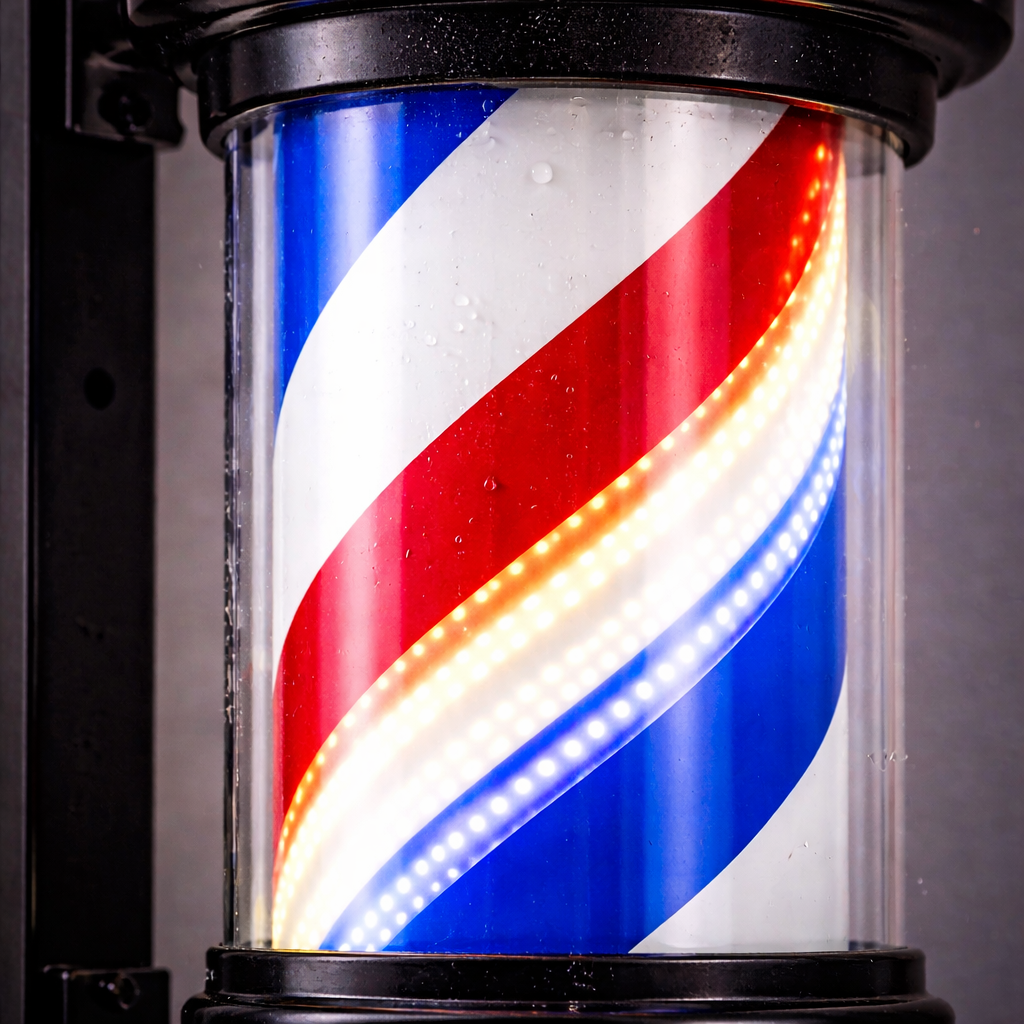 Mini Barber Pole Lumineux LED Rotatif – Enseigne Murale Compacte pour Salon de Coiffure & Barbier