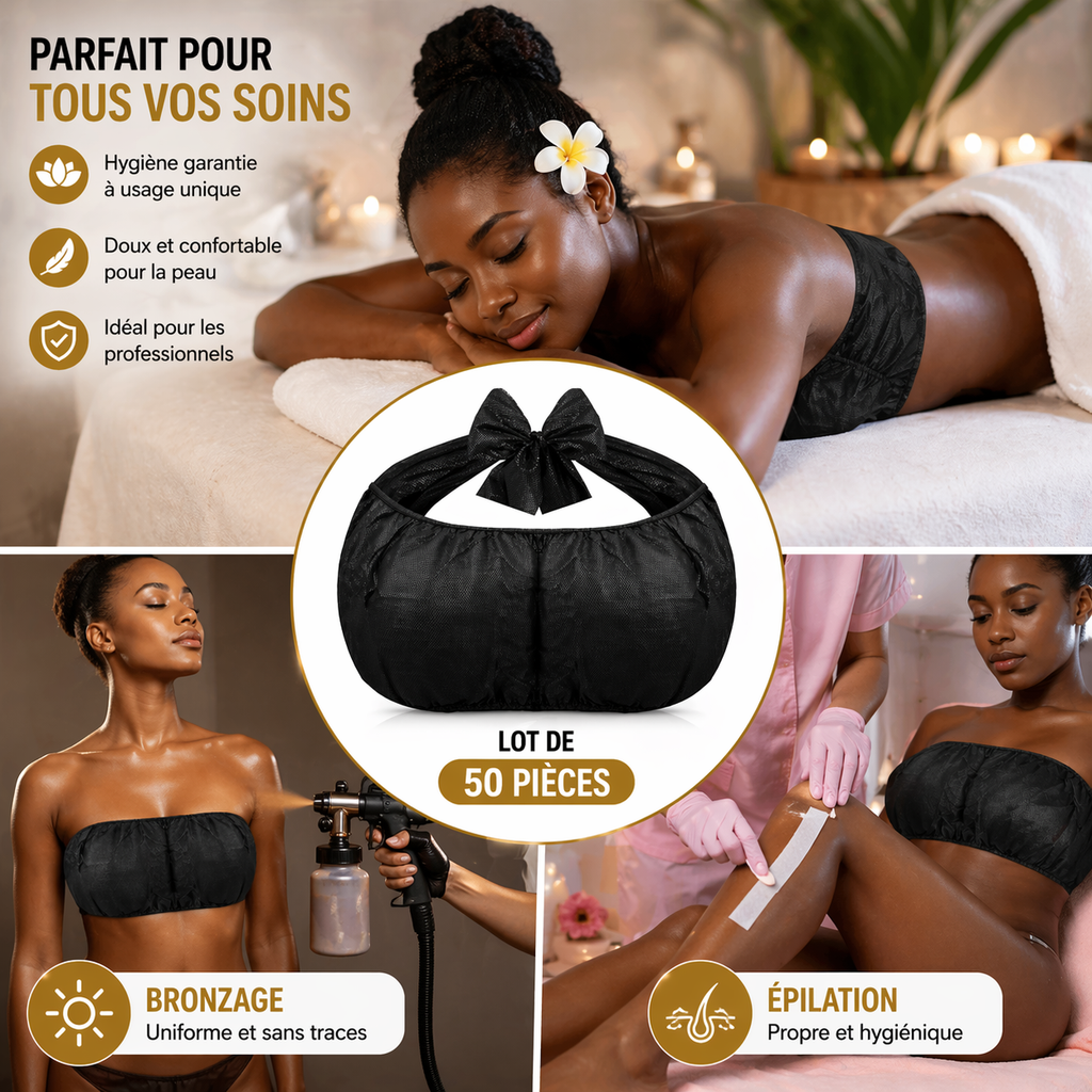 Lot de 50 Soutiens-Gorge Jetables Noir – Sous-vêtements SPA Hygiéniques pour Soins, Massage & Institut