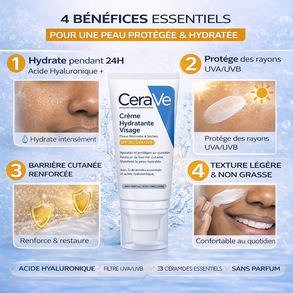 CeraVe Crème Hydratante Visage SPF30 – Hydratation & Protection UV – Peaux Normales à Sèches
