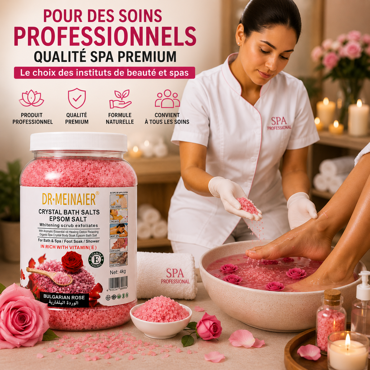 Sel de Bain Epsom Cristallin Rose Bulgare 4Kg – Bain Relaxant Corps, Mains et Pieds SPA Professionnel
