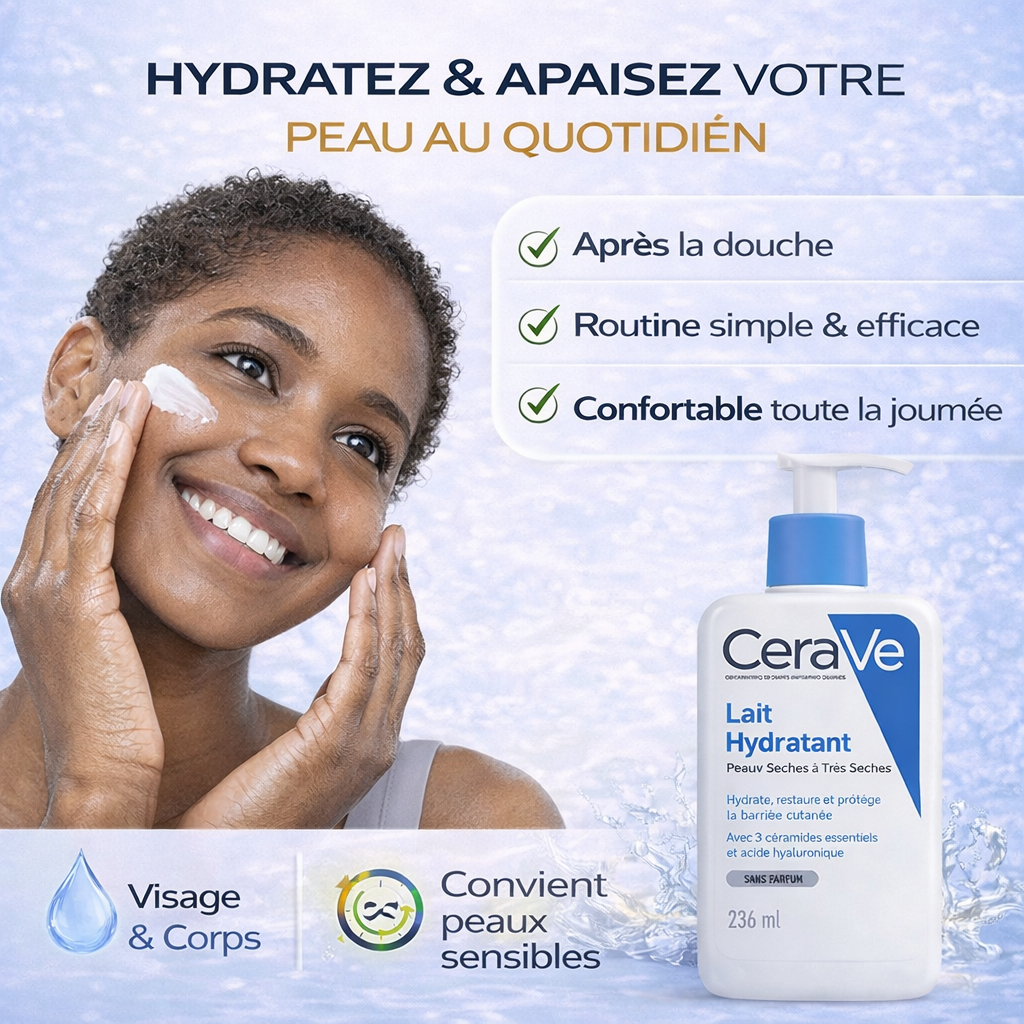 CeraVe Lait Hydratant Peaux Sèches à Très Sèches – Hydratation Longue Durée – Visage & Corps 236ml